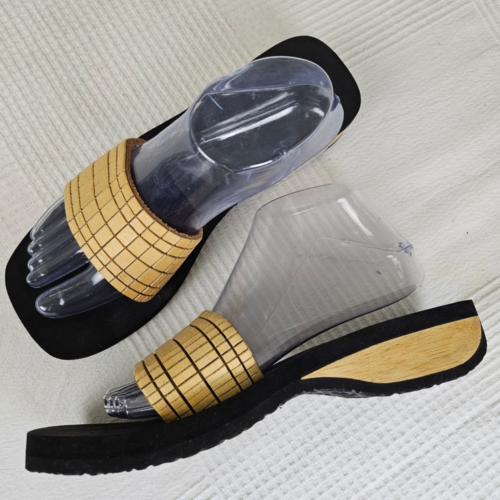 Vintage Y2K Reef Foam Mini Wedge Slides Sz 10 Wood Band Blackโ Sandals Slip On